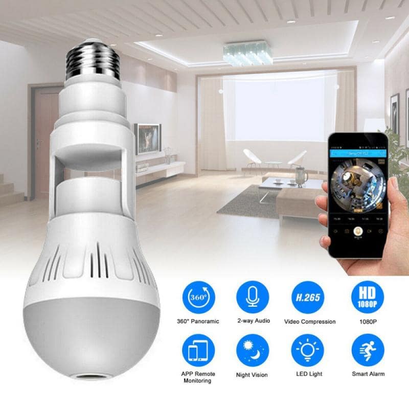 360° Panoramic Light Bulb Camera - Night Vision, Two-Way Audio & Alerts